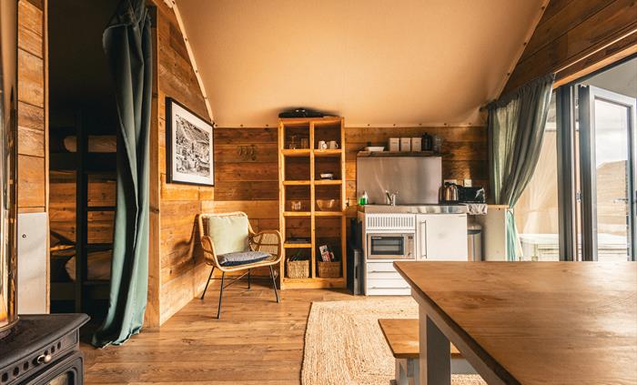 interior of llechwedd glamping tent kitchenette